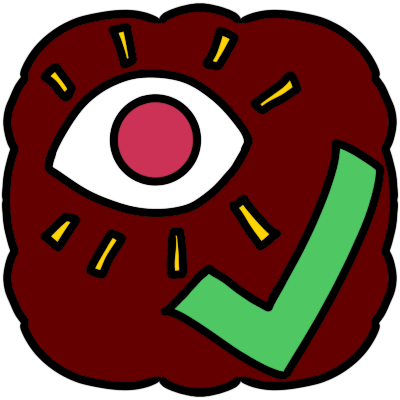 dark red thought cloud shape with eye and green checkmark in it. eye has pink pupil and yellow emphasis lines around it.